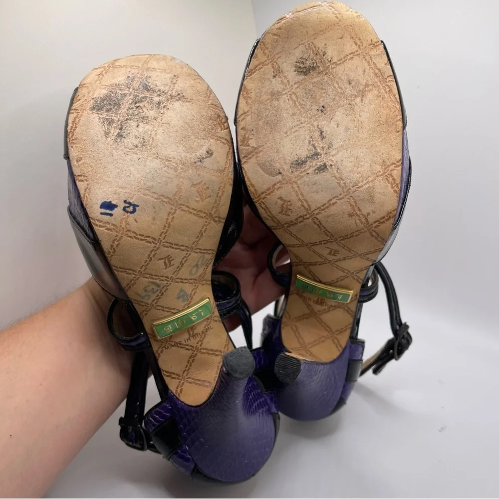 L.A.M.B. Women’s Black Purple Platform Leather Peep Toe Strappy Heels Size 6 - Picture 12 of 14